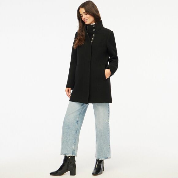 J Crew City Coat Womens 6P Black Zip Front Long Sleeve Mock Neck NWT Wool Blend - Picture 1 of 12
